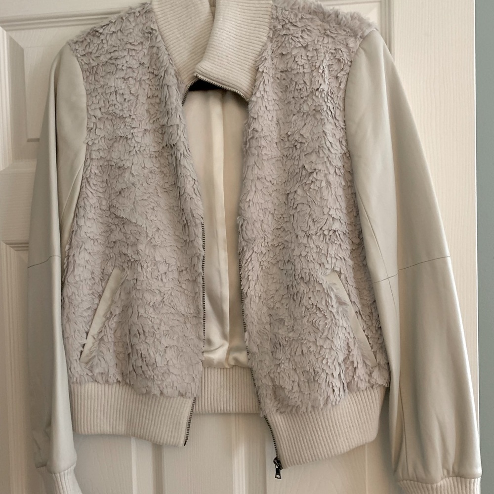 Grey Trina Turk leather sleeve bomber jacket
